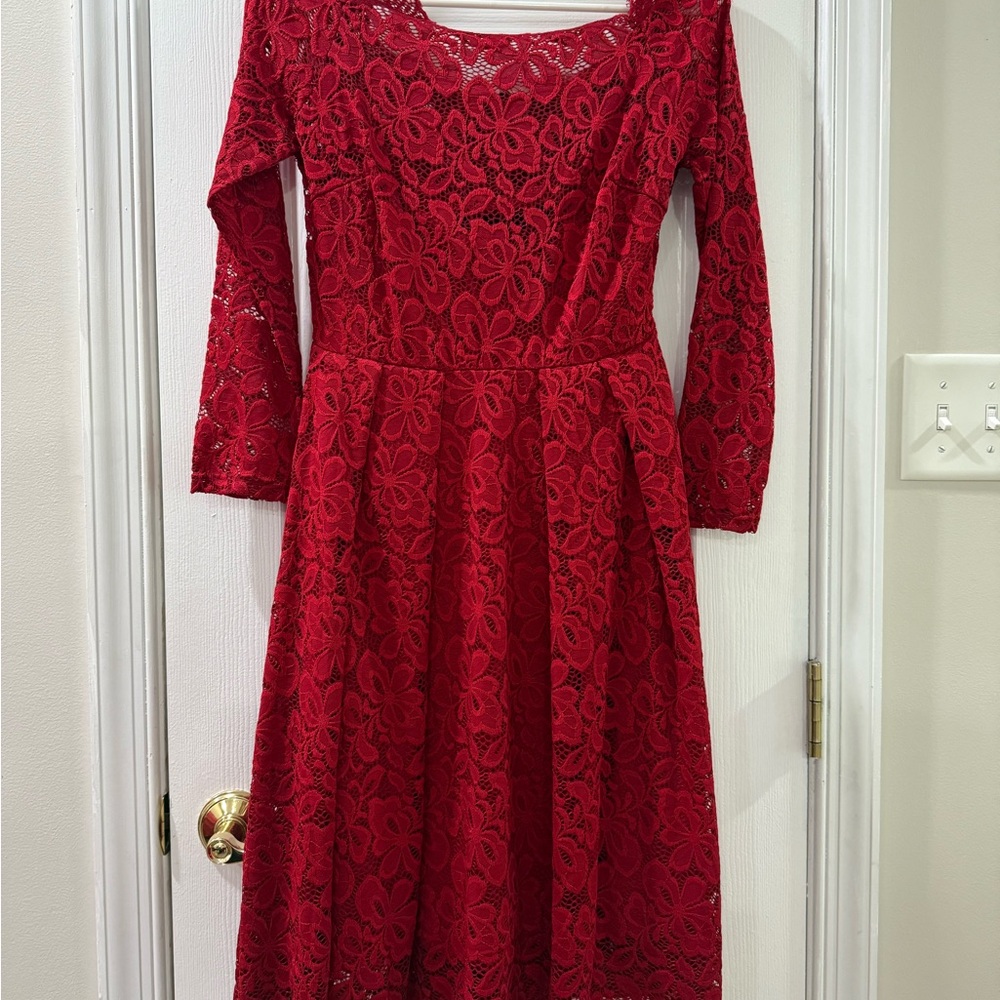 MISSMAY Red A-Line Long Sleeve Cocktail Lace Dress